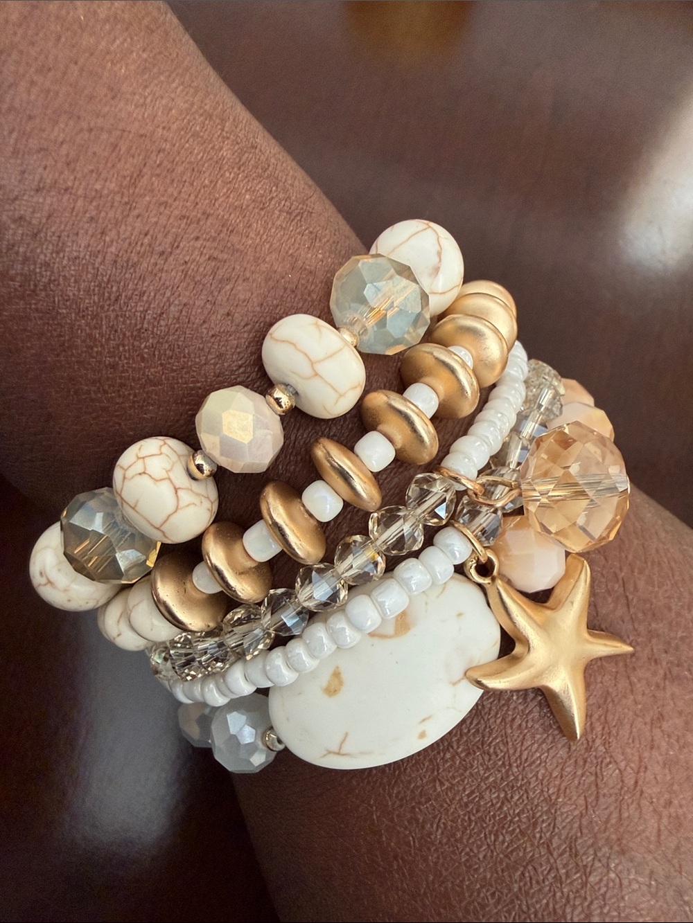 5 PC Stacked White and Gold Beaded Stretch Bracelet Set with Star Charm